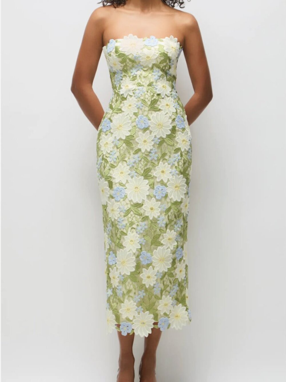 Dessy Collection Alice Floral Appliqué Strapless Midi Dress